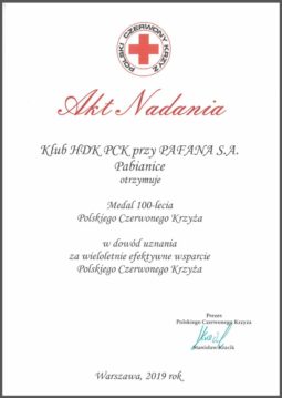Medal 100-lecia w dowód uznania za wieloletnie efektywne wsparcie pck. 2019. 
