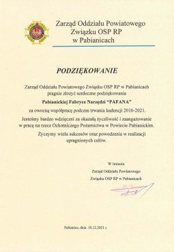 Podziękowania dla PAFANA S.A. od Zarządu Oddziału Powiatowego OSP RP w Pabianicach. 2021.