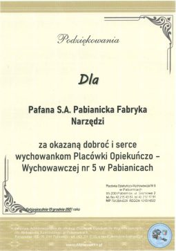Podziękowania dla Pabianickiej Fabryki Narzędzi „PAFANA” Spółka Akcyjna od Placówki Opiekuńczo- Wychowawczej Nr5 w Pabianicach.   Pabianice 13.12.2021r.