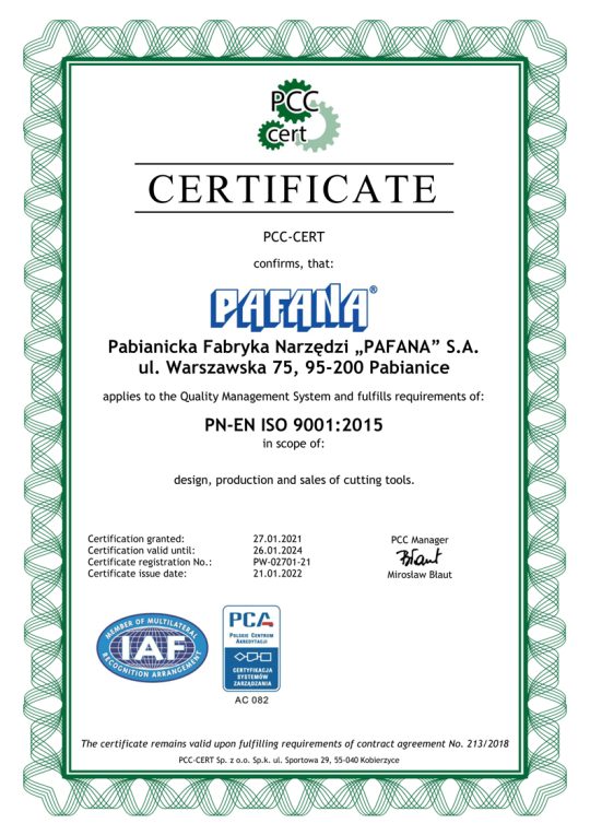 CERTYFICATE PN-EN ISO 9001:2015 VALID UNTIL 26.01.2024.