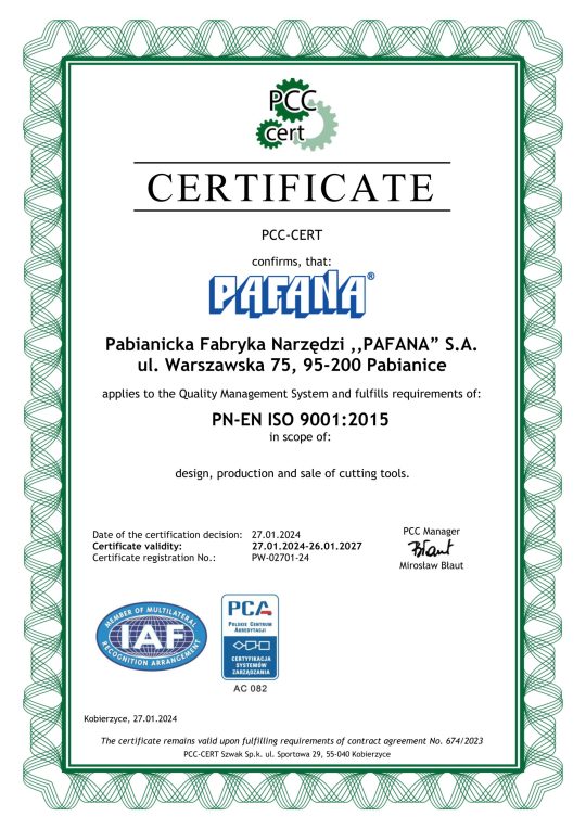 CERTYFICATE PN-EN ISO 9001:2015 VALID UNTIL 26.01.2027.